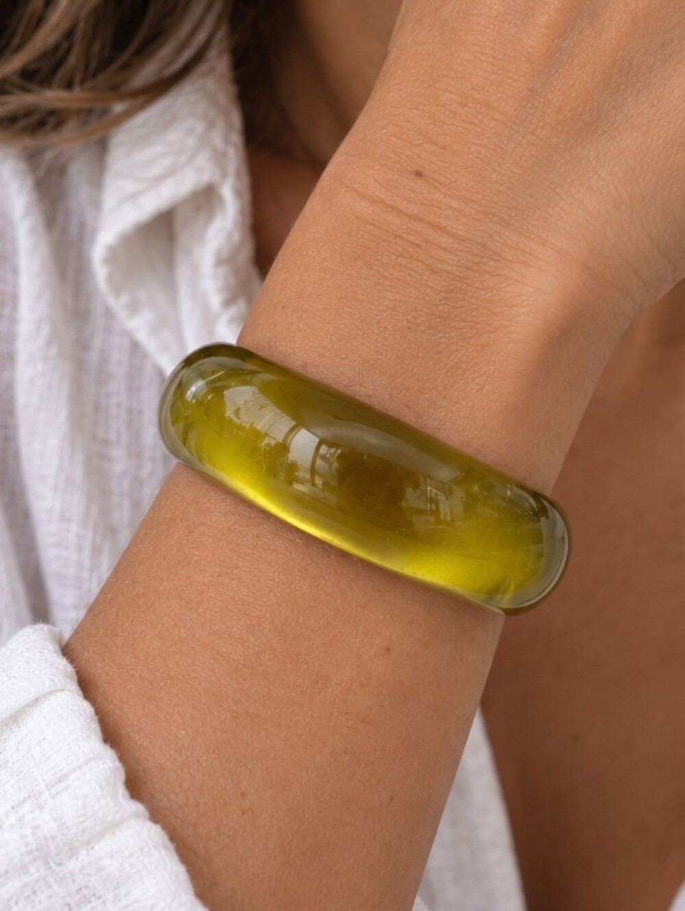 💎 Chunky Olive Green Resin Acrylic Bangle Bracelet Translucent Retro VGUC